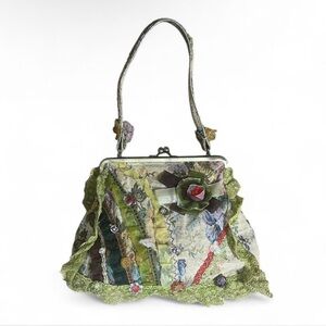 Textured fabric art kiss lock purse fairy cottage core lace Gypsy carpet bag art